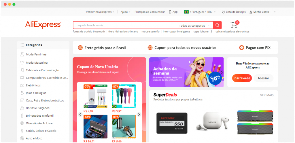 Captura de tela do Marketplace Aliexpress