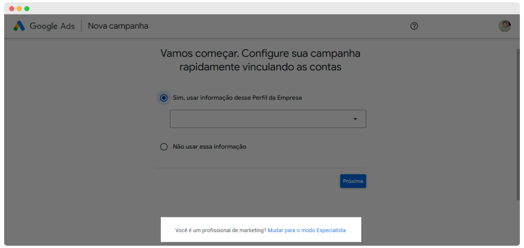 2. como mudar para o modo especialista do google ads